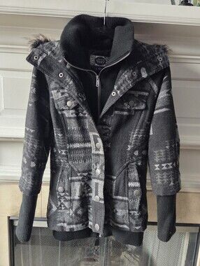 Black Gray Aztec Wool Blend Jacket Faux Fur Trim Funnel Collar Size M